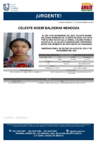 Activan Alerta Amber para localizar a Celeste Noemí Balderas Mendoza
