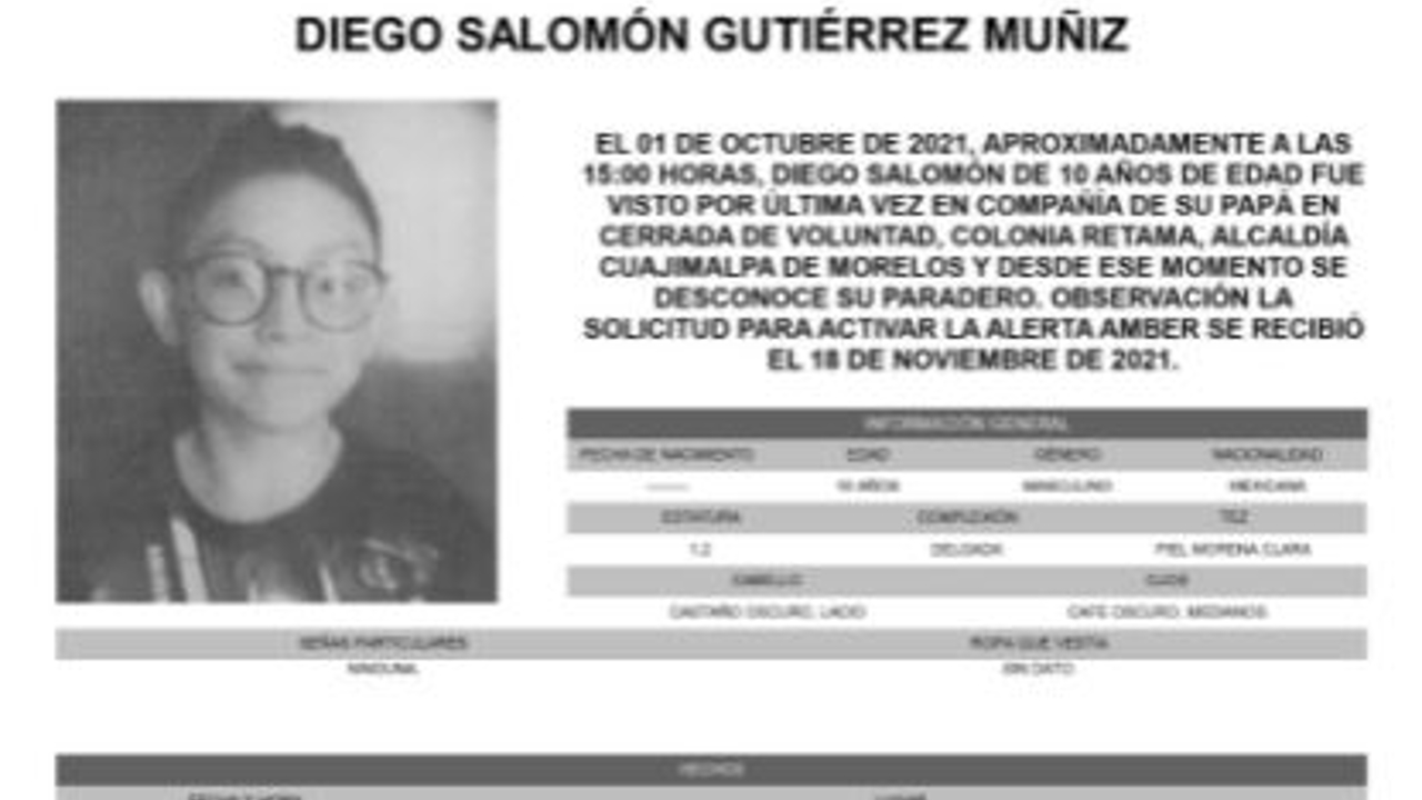 Activan Alerta Amber para localizar a Diego Salomón Gutiérrez Muñiz