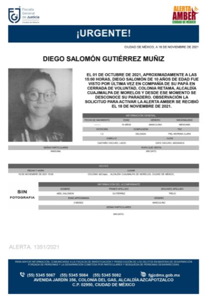 Activan Alerta Amber para localizar a Diego Salomón Gutiérrez Muñiz