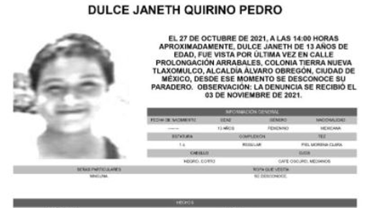 Activan Alerta Amber para localizar a Dulce Janeth Quirino Pedro
