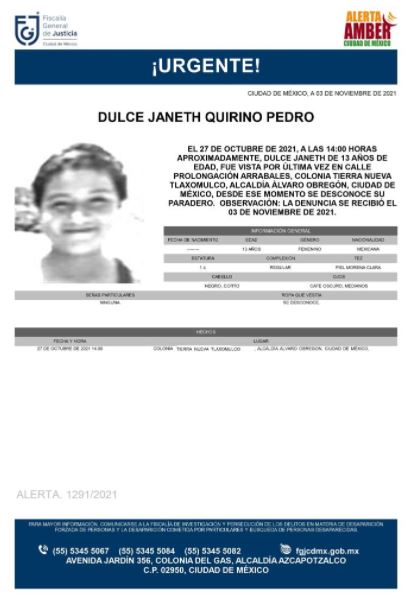 Activan Alerta Amber para localizar a Dulce Janeth Quirino Pedro