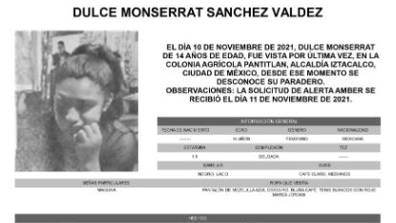 Activan Alerta Amber para localizar a Dulce Monserrat Sánchez Valdez