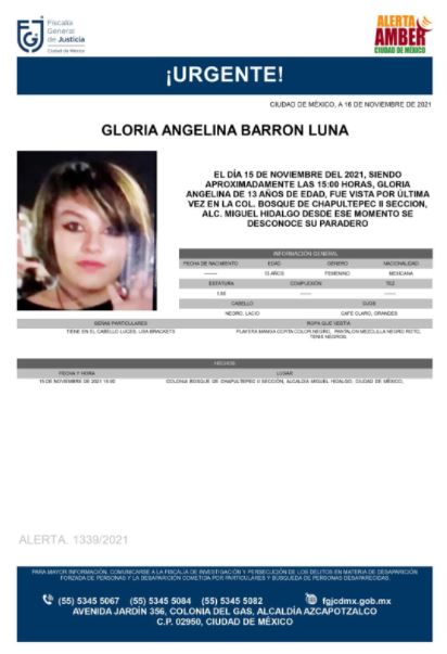 Activan Alerta Amber para localizar a Gloria Angelina Barrón Luna