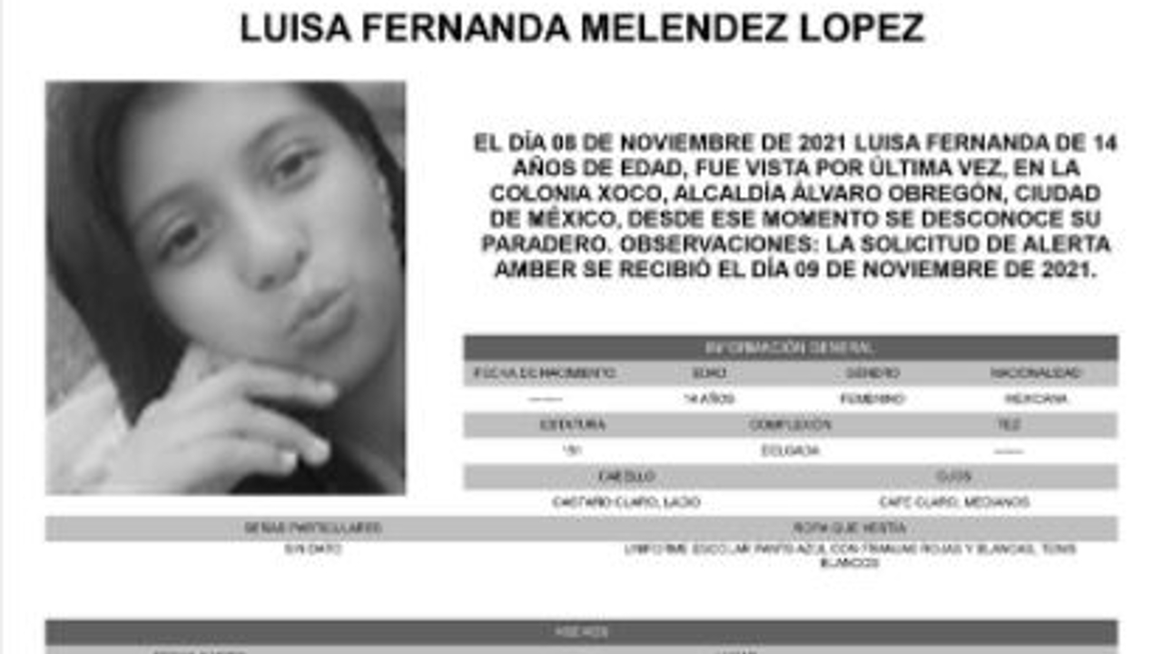 Activan Alerta Amber para localizar a Luisa Fernanda Meléndez López