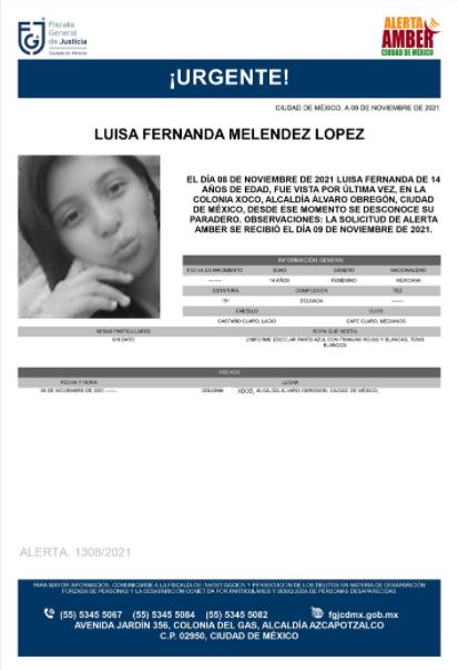 Activan Alerta Amber para localizar a Luisa Fernanda Meléndez López