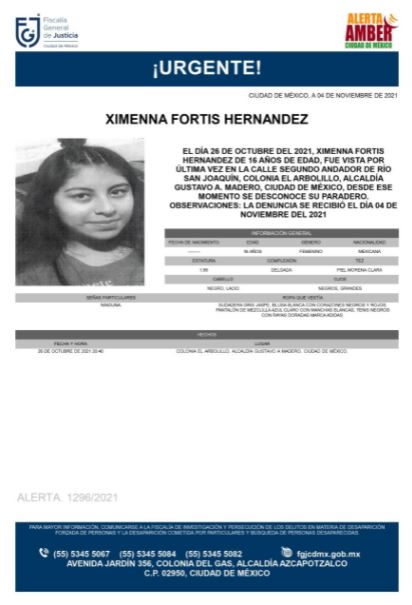 Activan Alerta Amber para localizar a Ximena Fortis Hernández