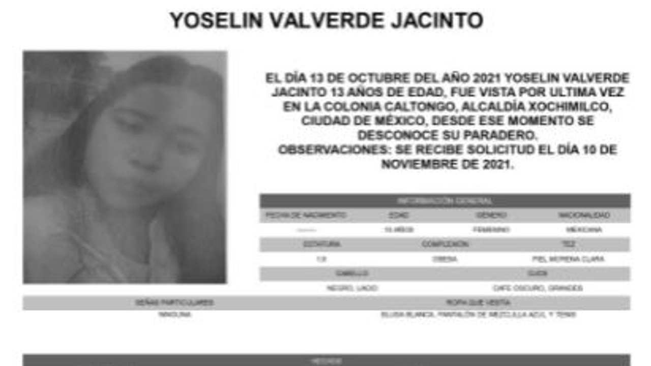 Activan Alerta Amber para localizar a Yoselin Valverde Jacinto