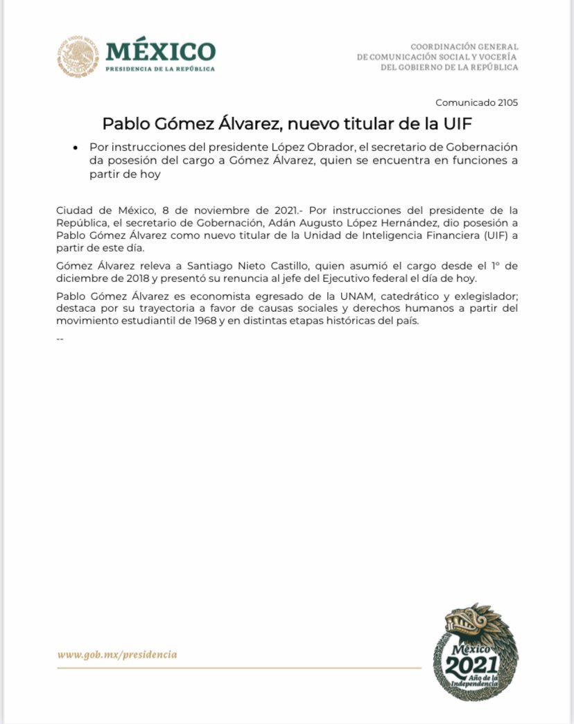 AMLO remueve Santiago Niego, de la UIF, y lo suple Plablo Gómez