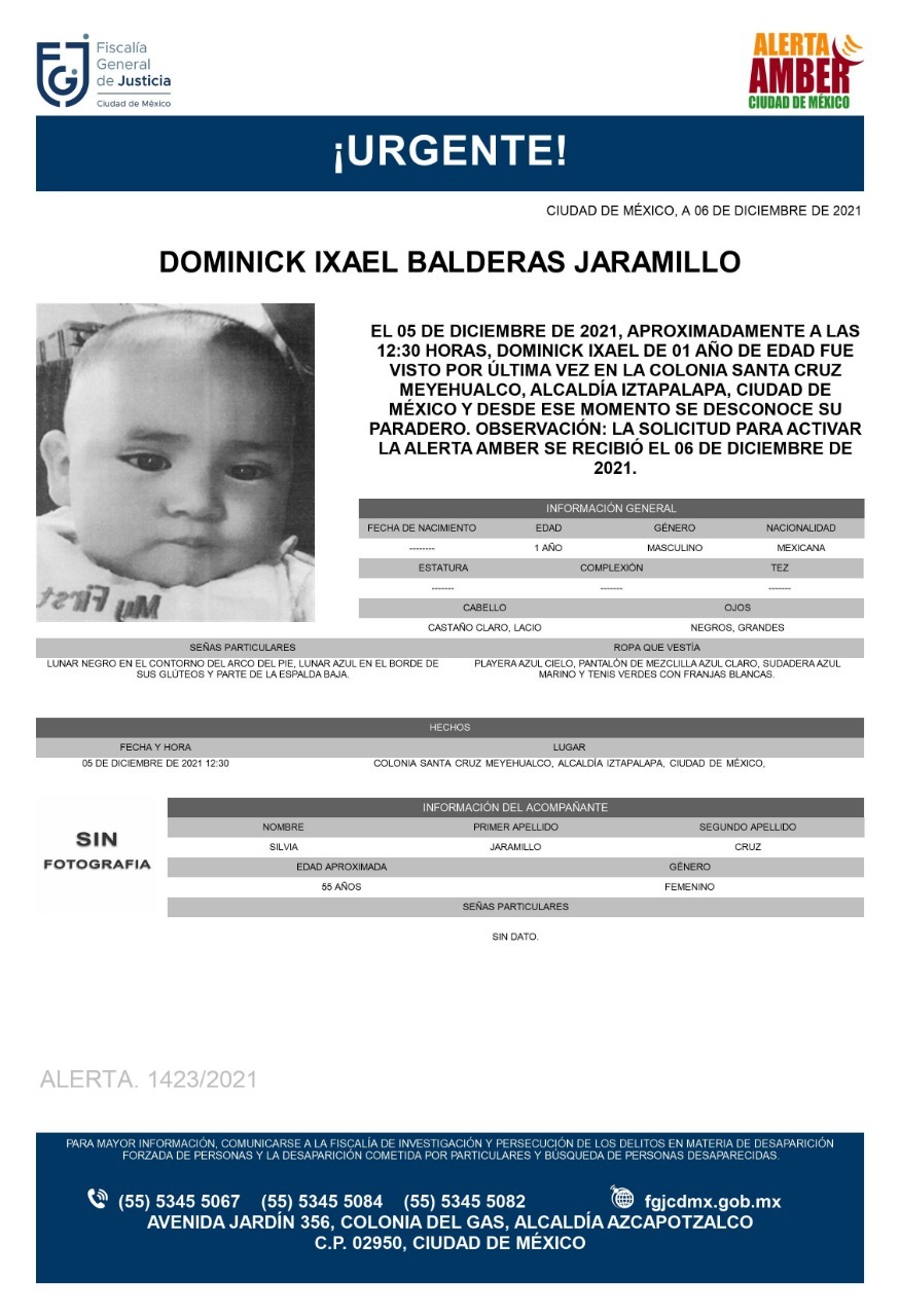 Activan Alerta Amber para Dominick Ixael Balderas Jaramillo, de un año de edad