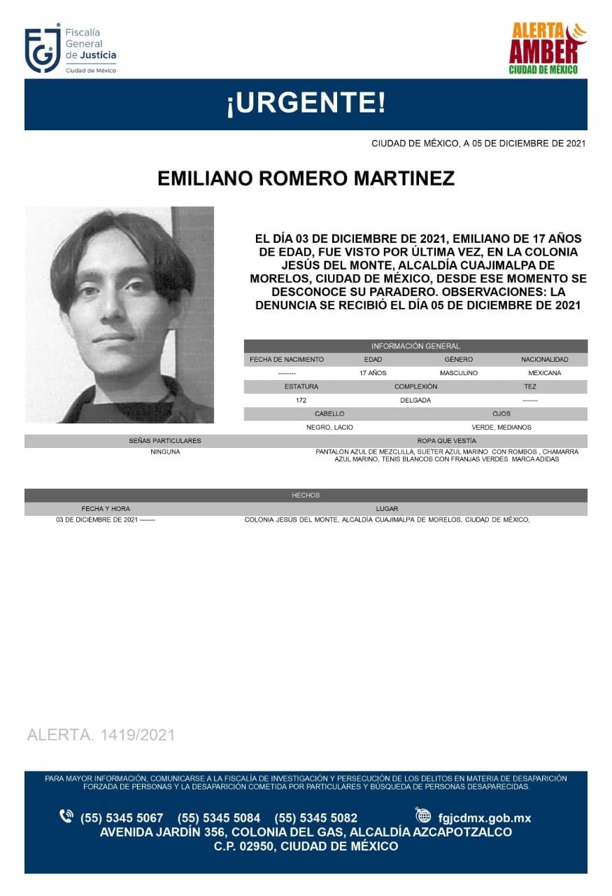 Activan Alerta Amber para Emiliano Romero Martínez