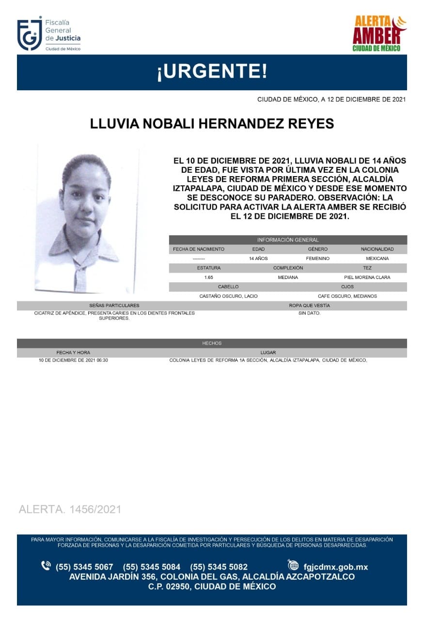 Activan Alerta Amber para localizar a Lluvia Nobali Hernández Reyes