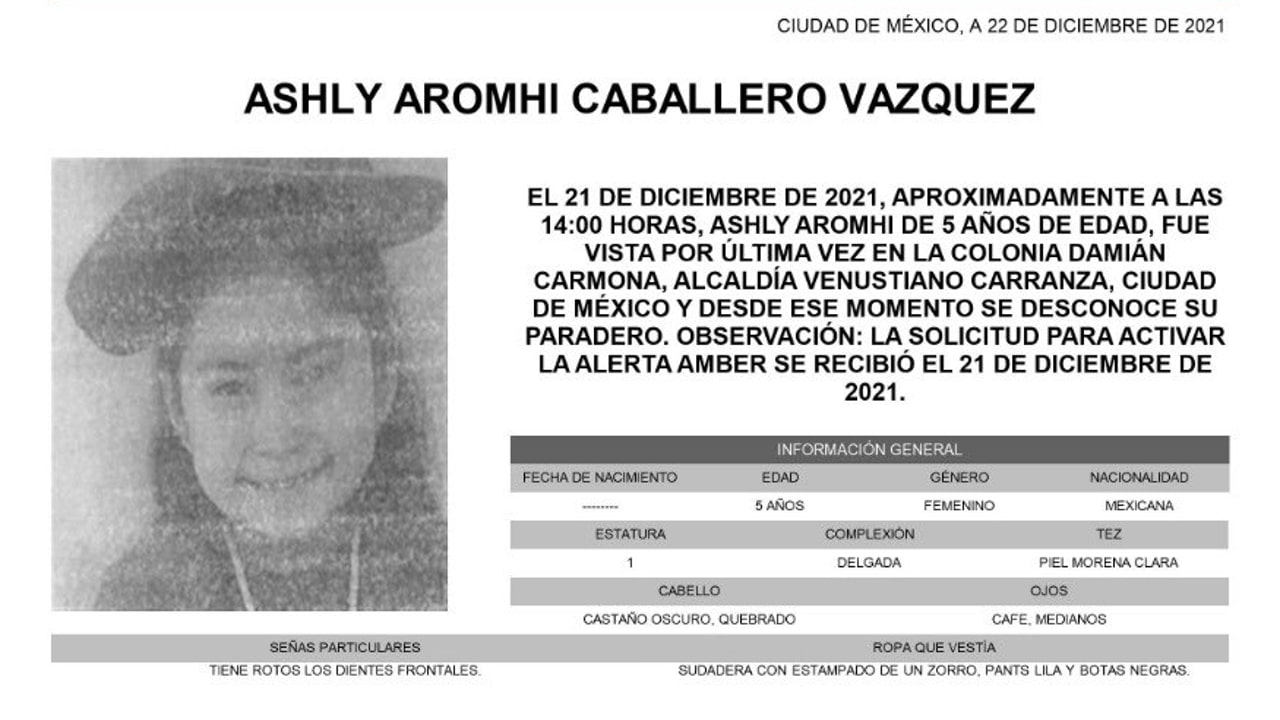Activan Alerta Amber para localizar a Ashly Aromhi Caballero Vázquez de cinco años