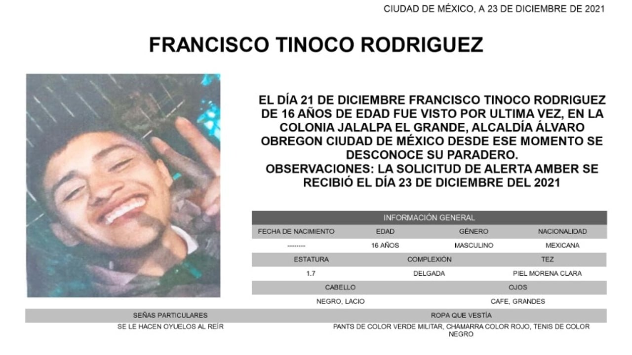 Activan Alerta Amber para localizar a Francisco Tinoco Rodríguez de 16 años