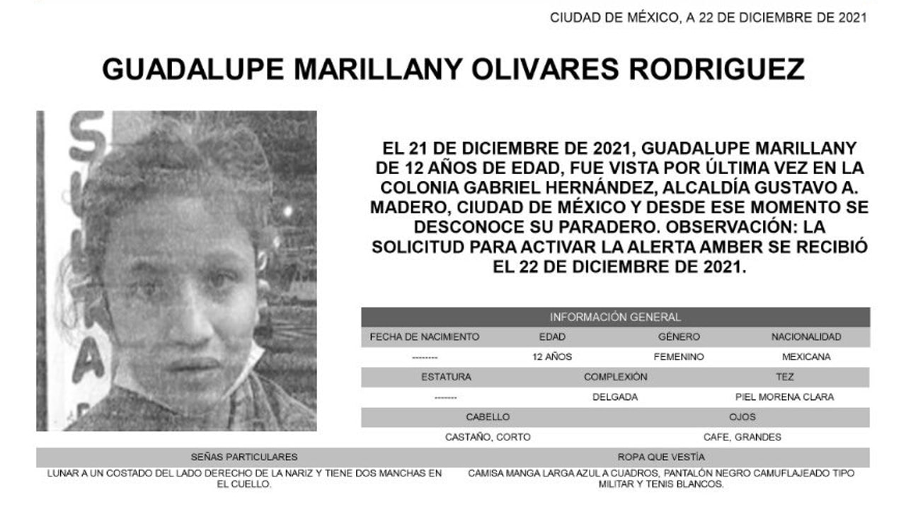 Activan Alerta Amber para localizar a Guadalupe Marillany Olivares Rodríguez