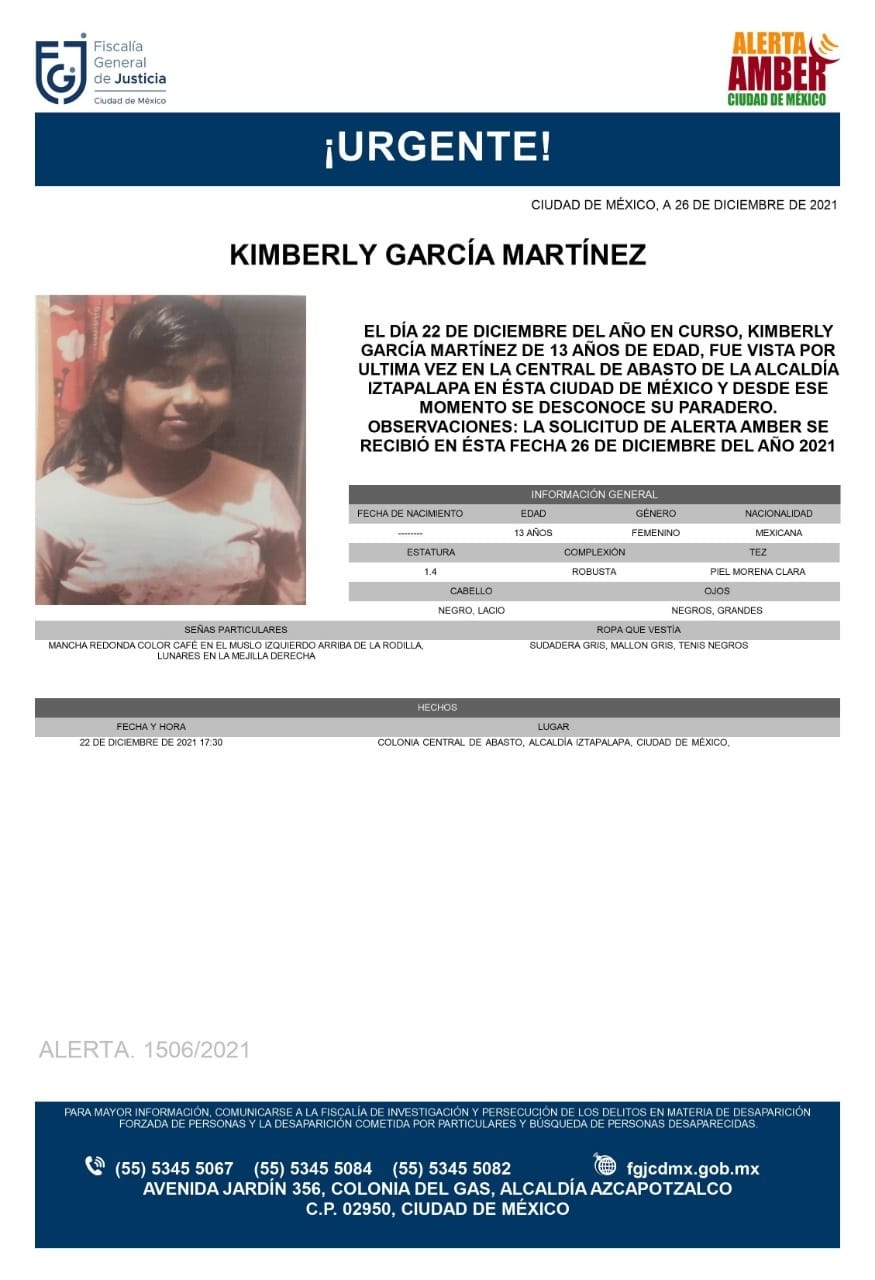 Activan Alerta Amber para localizar a Kimberly García Martínez