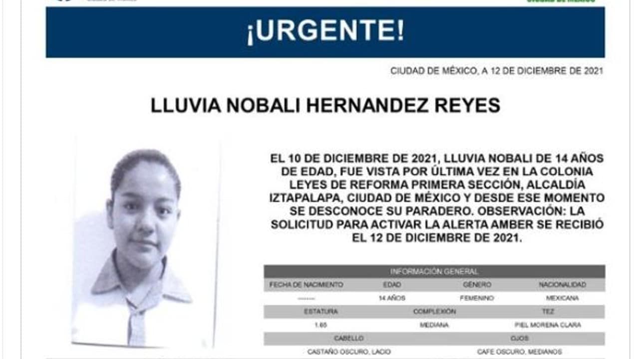 Activan Alerta Amber para localizar a Lluvia Nobali Hernández Reyes
