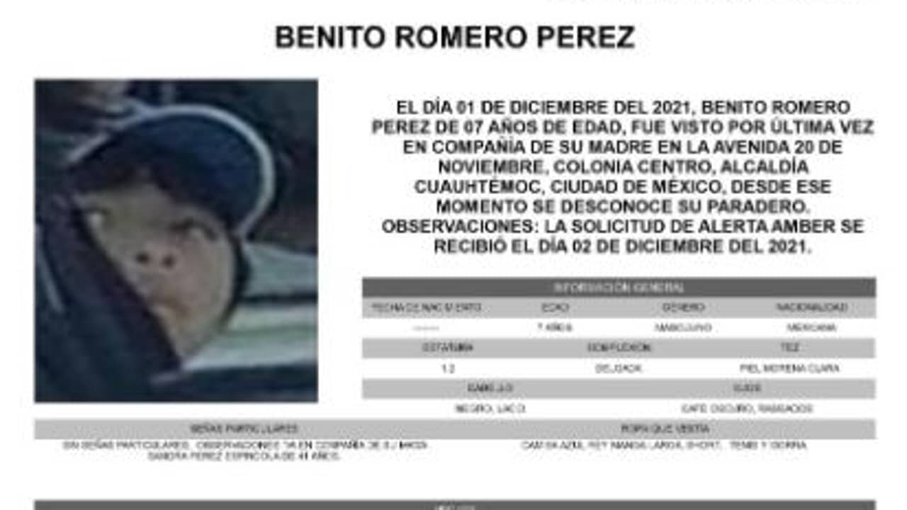 Activan Alerta Amber para localizar a Benito Romero Pérez