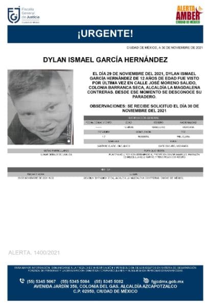 Activan Alerta Amber para localizar a Dylan Ismael García Hernández
