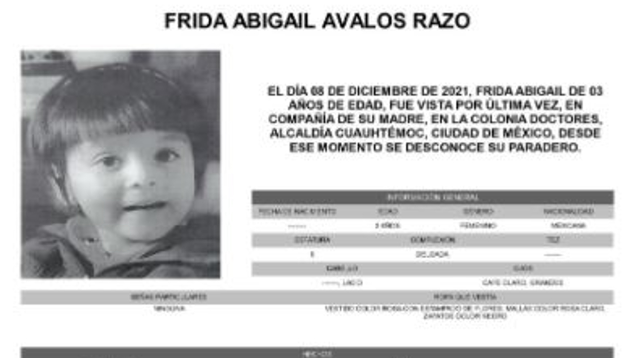 Activan Alerta Amber para localizar a Frida Abigail Ávalos Razo