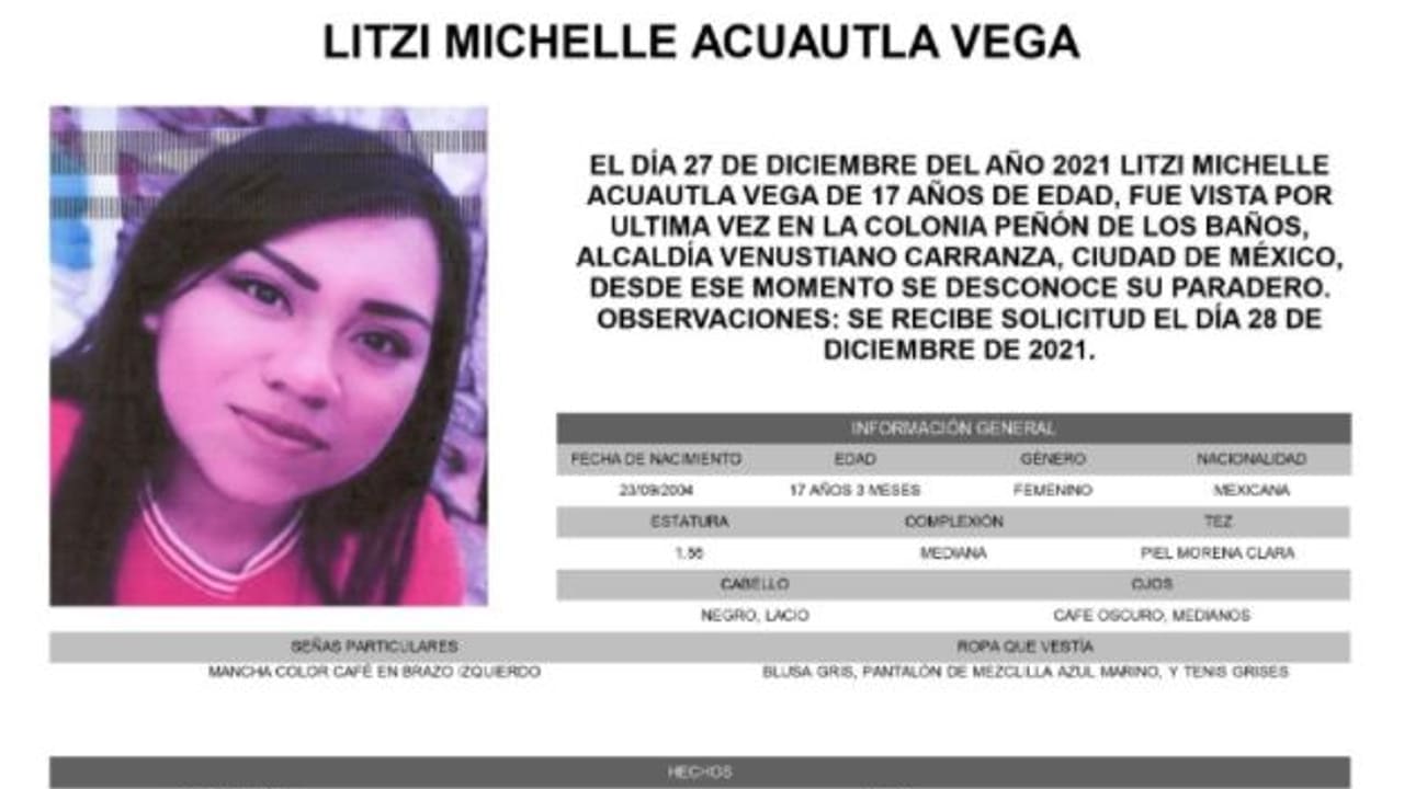 Activan Alerta Amber para localizar a Litzi Michelle Acuautla Vega