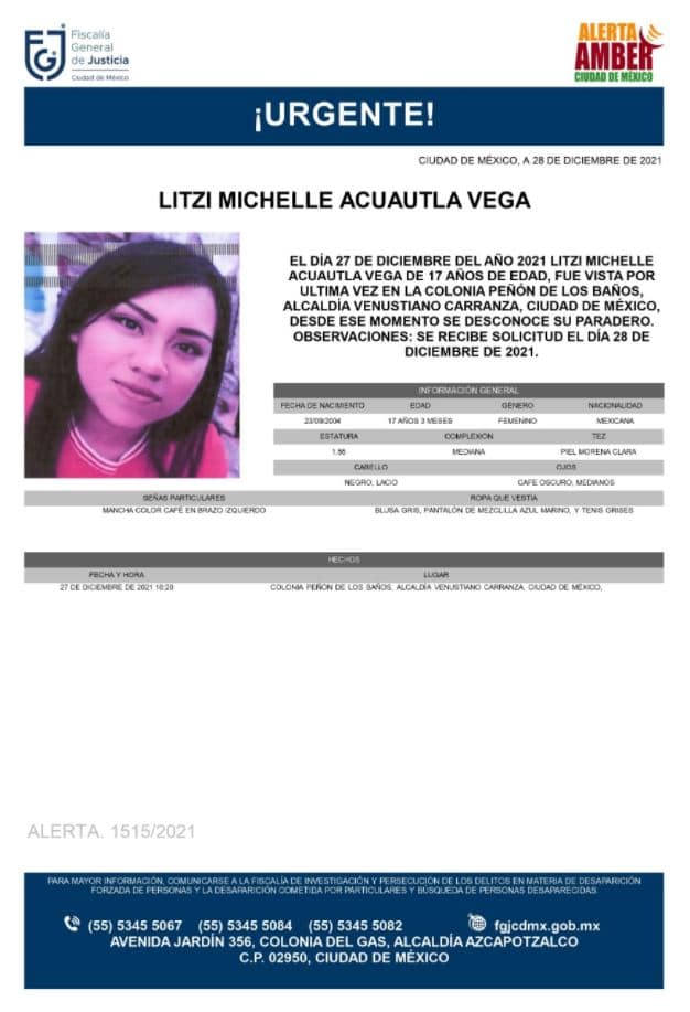 Activan Alerta Amber para localizar a Litzi Michelle Acuautla Vega