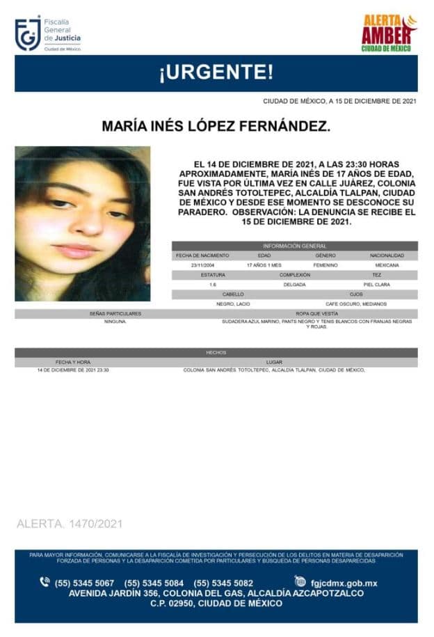 Activan Alerta Amber para localizar a María Inés López Fernández