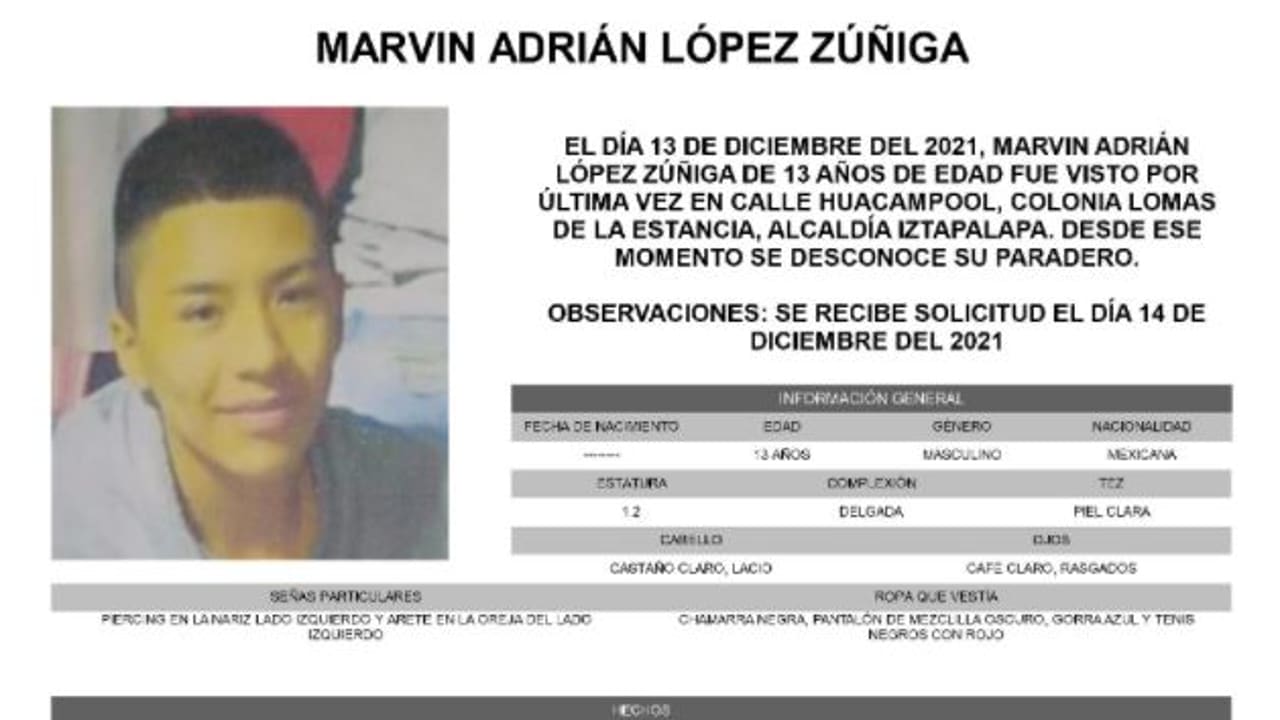 Activan Alerta Amber para localizar a Marvin Adrián López Zúñiga