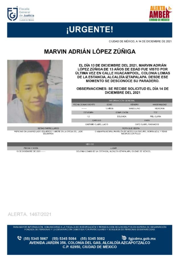 Activan Alerta Amber para localizar a Marvin Adrián López Zúñiga