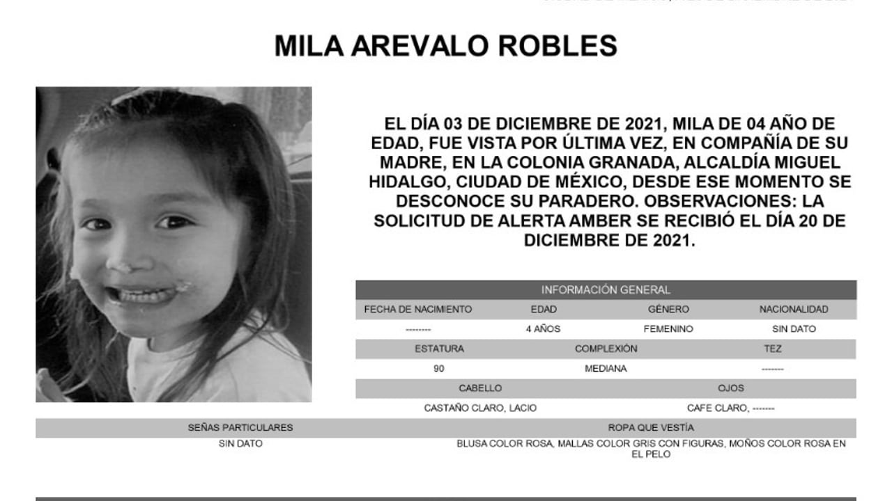Activan Alerta Amber para localizar a Mila Arévalo Robles de 4 años de edad