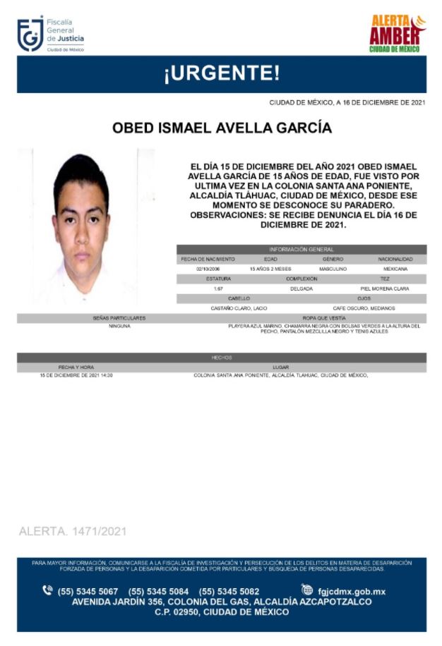 Activan Alerta Amber para localizar a Obed Ismael Avella García.