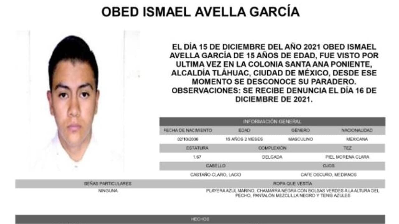 Activan Alerta Amber para localizar a Obed Ismael Avella García
