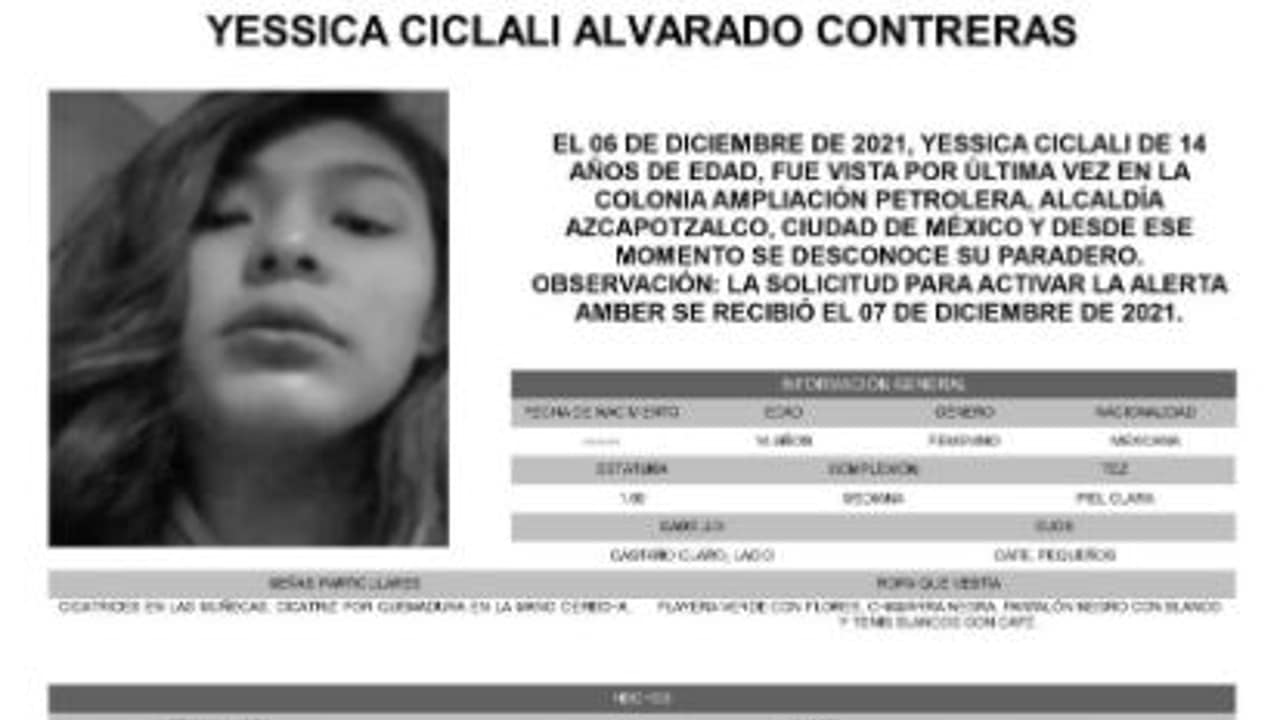Activan Alerta Amber para localizar a Yessica Ciclali Alvarado Contreras.