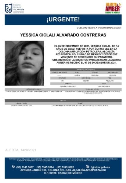 Activan Alerta Amber para localizar a Yessica Ciclali Alvarado Contreras