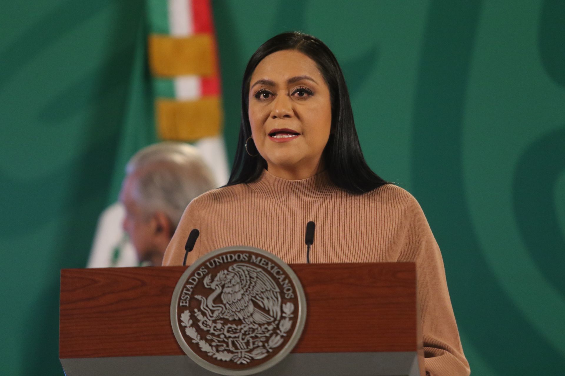 Ariadna Montiel Reyes, subsecretaria de Bienestar, durante la mañanera en Palacio Nacional.