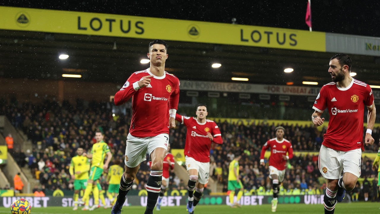 Cristiano Ronaldo del Manchester United en el partido de la Premier League contra Norwich City (Getty Images)