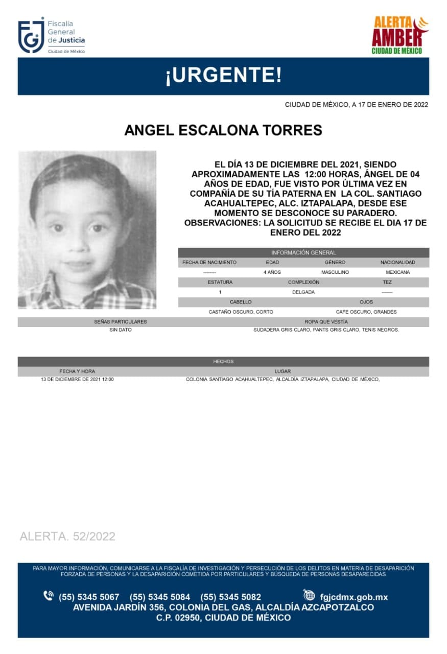 Activan Alerta Amber para localizar a Ángel Escalona Torres