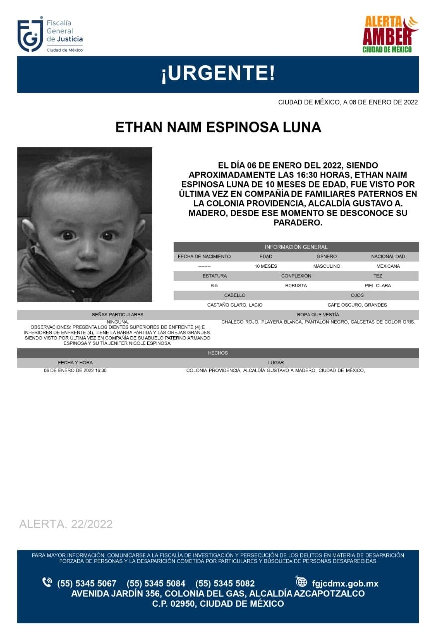 Activan Alerta Amber para Ethan Naim Espinosa Luna, de 10 meses de edad