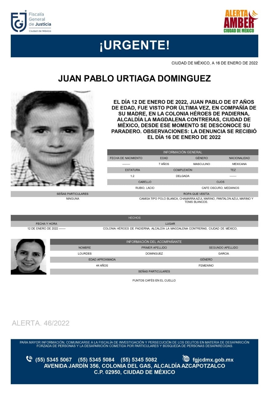 Activan Alerta Amber para Juan Pablo Urtiaga Domínguez