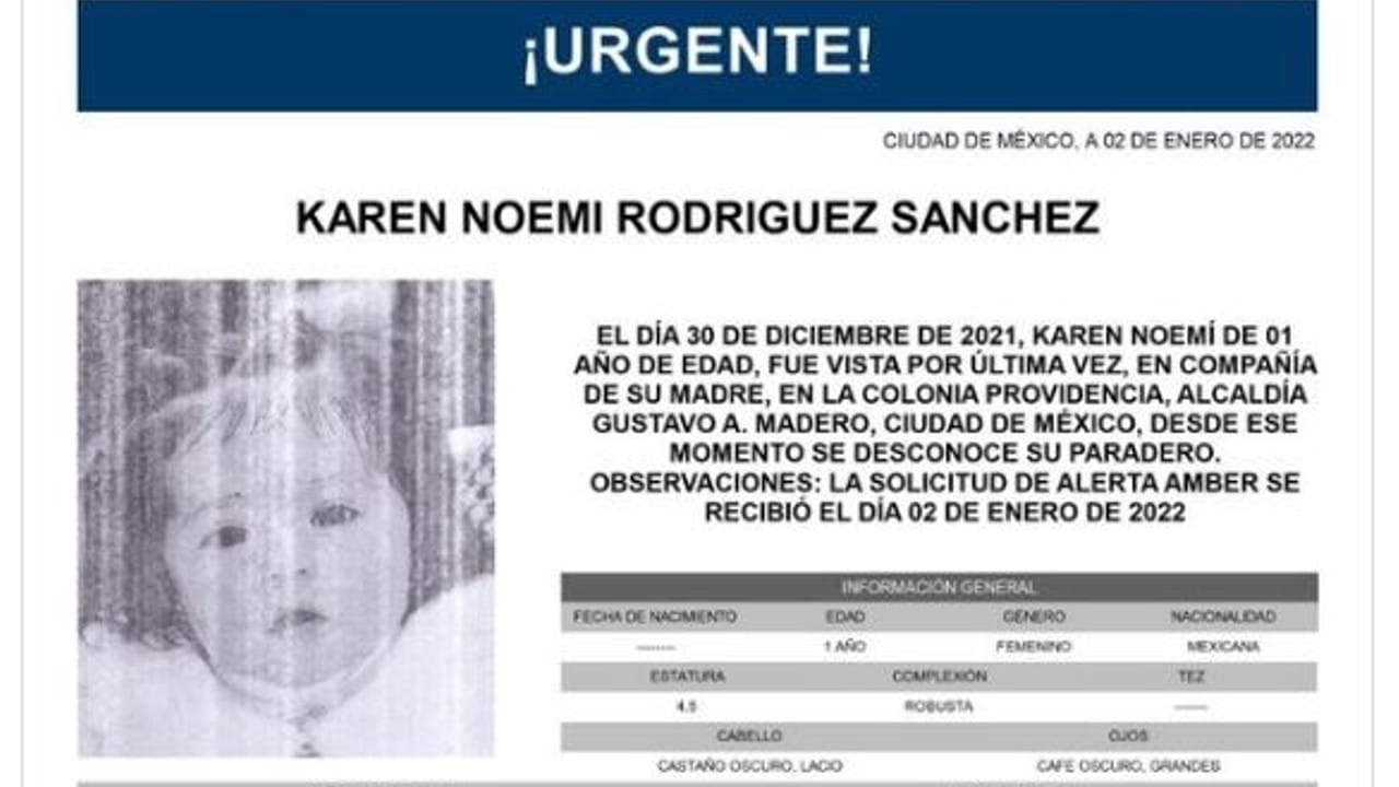 Activan Alerta Amber para localizar a la bebé Karen Noemí Rodríguez Sánchez.