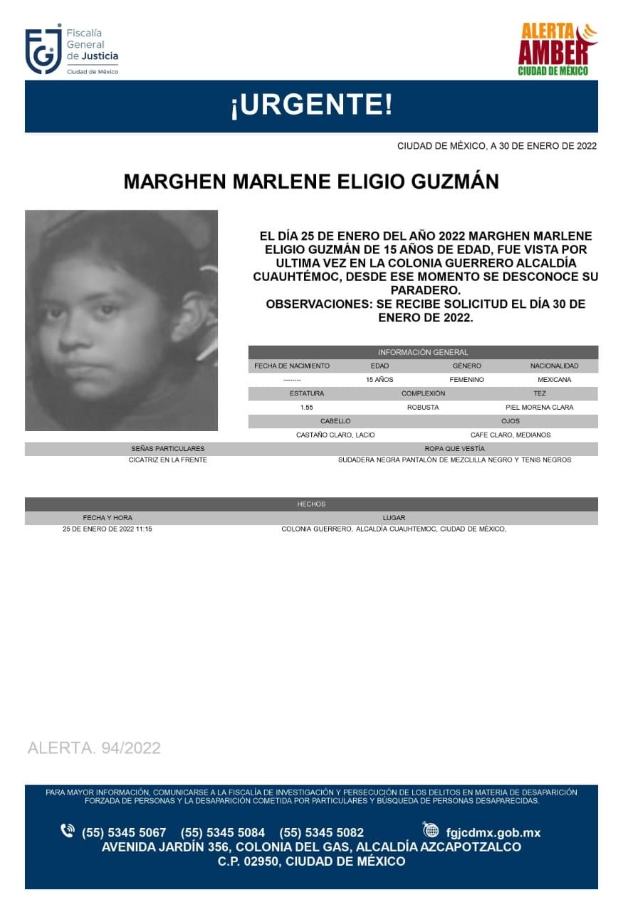 Activan Alerta Amber para localizar a Marghen Marlene Eligio Guzmán