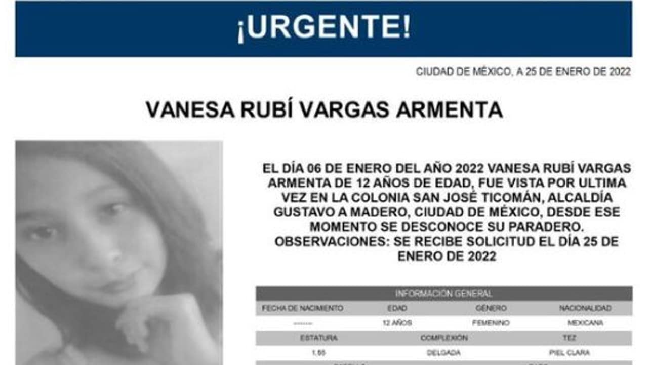 Activan Alerta Amber para localizar a Vanesa Rubí Vargas Armenta