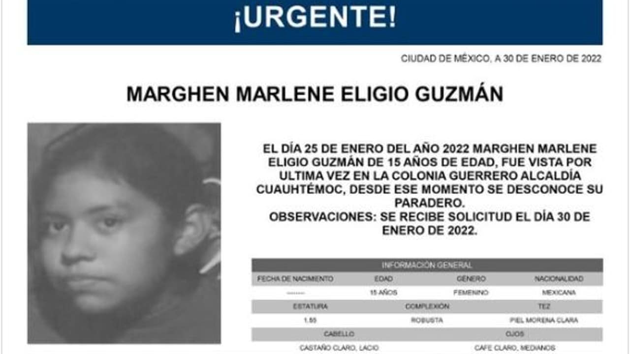 Activan Alerta Amber para Marghen Marlene Eligio Guzmán.