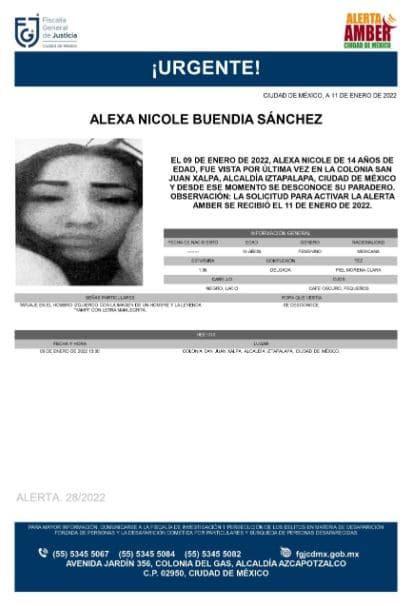 Activan Alerta Amber para localizar a Alexa Nicole Buendía Sánchez.