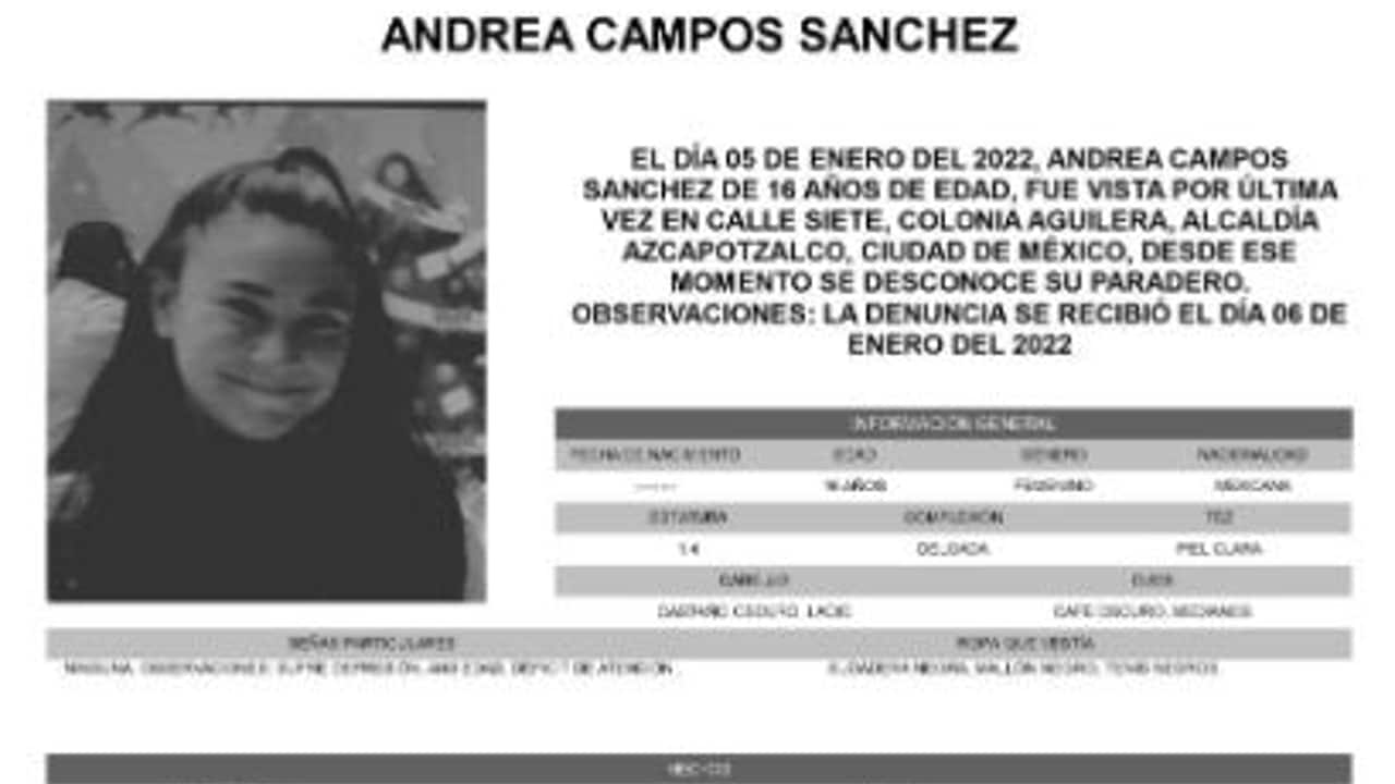 Activan Alerta Amber para localizar a Andrea Campos Sánchez