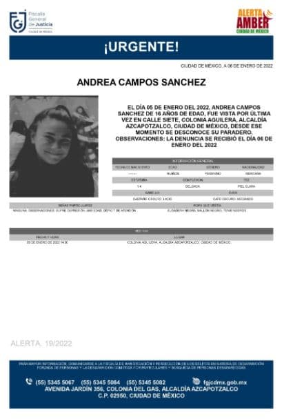 Activan Alerta Amber para localizar a Andrea Campos Sánchez