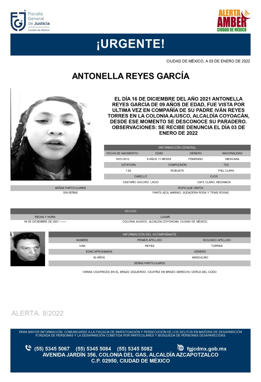 Activan Alerta Amber para localizar a Antonella Reyes García. Fuente: @FiscaliaCDMX