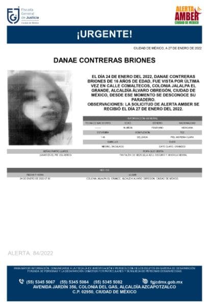Activan Alerta Amber para localizar a Danae Contreras Briones
