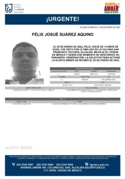 Activan Alerta Amber para localizar a Félix Josué Suárez Aquino