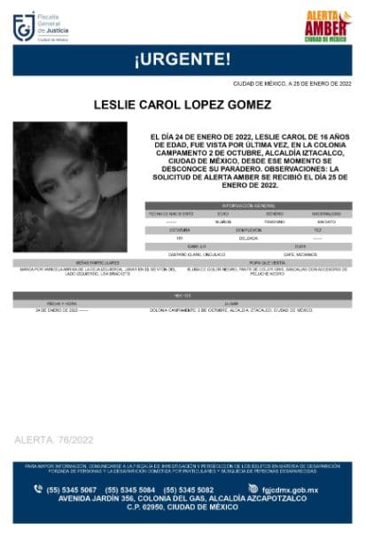 Activan Alerta Amber para localizar a Leslie Carol López Gómez
