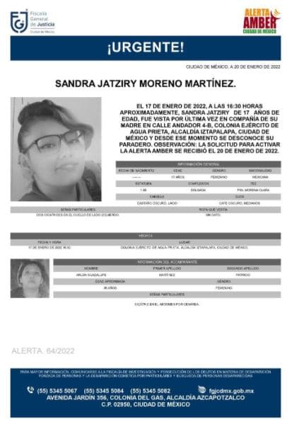 Activan Alerta Amber para localizar a Sandra Jatziry Moreno Martínez
